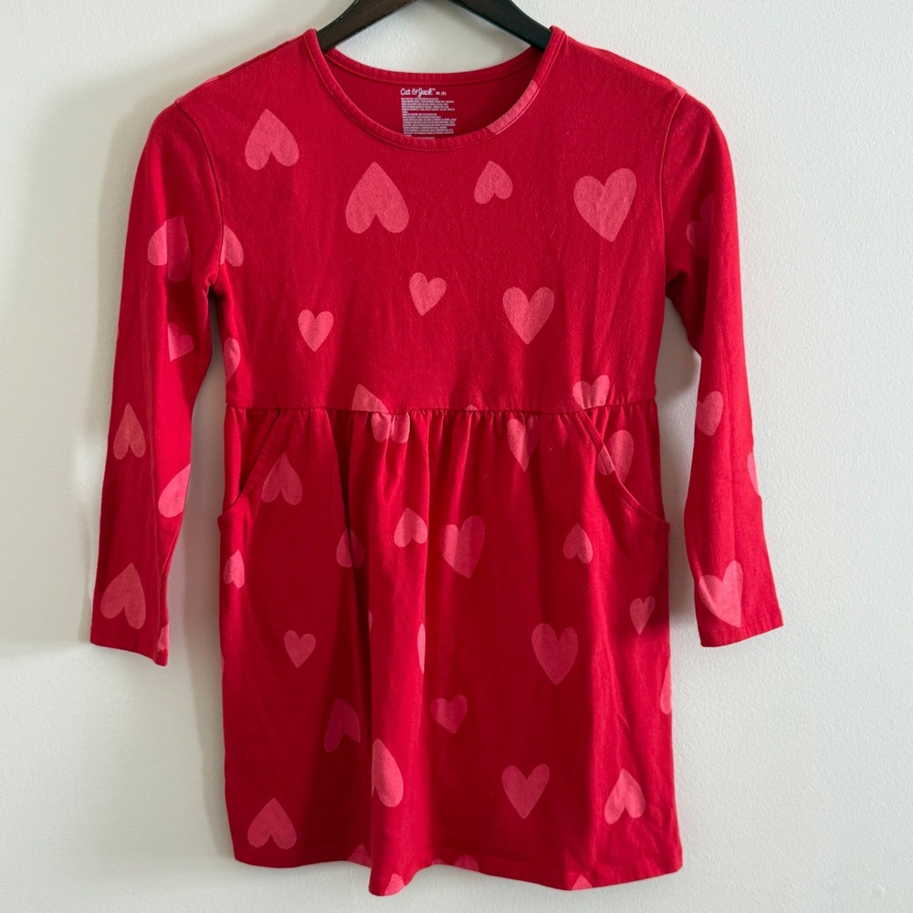 Cat & Jack Girls Red Pink Heart Print Long Sleeve Pocket Dress Size M 8